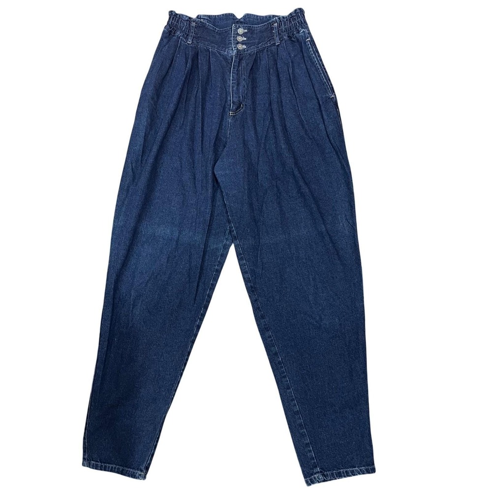 Vintage High Waisted Pleated Jeans Barrel Leg Tapered Mom Jeans Dark Wash 12